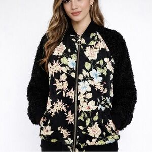 Juicy Couture Satin Floral Faux Fur Padded Lightweight Zip Bomber Long Jacket